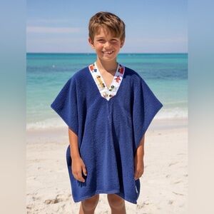 %100 Cotton Navy Blue Beach Towel Poncho with Colorful Trim